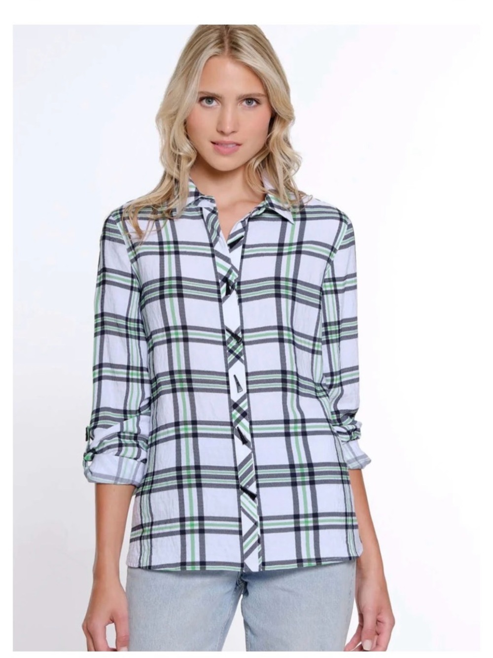 Multiples Green and Black Plaid Button-Down Shirt